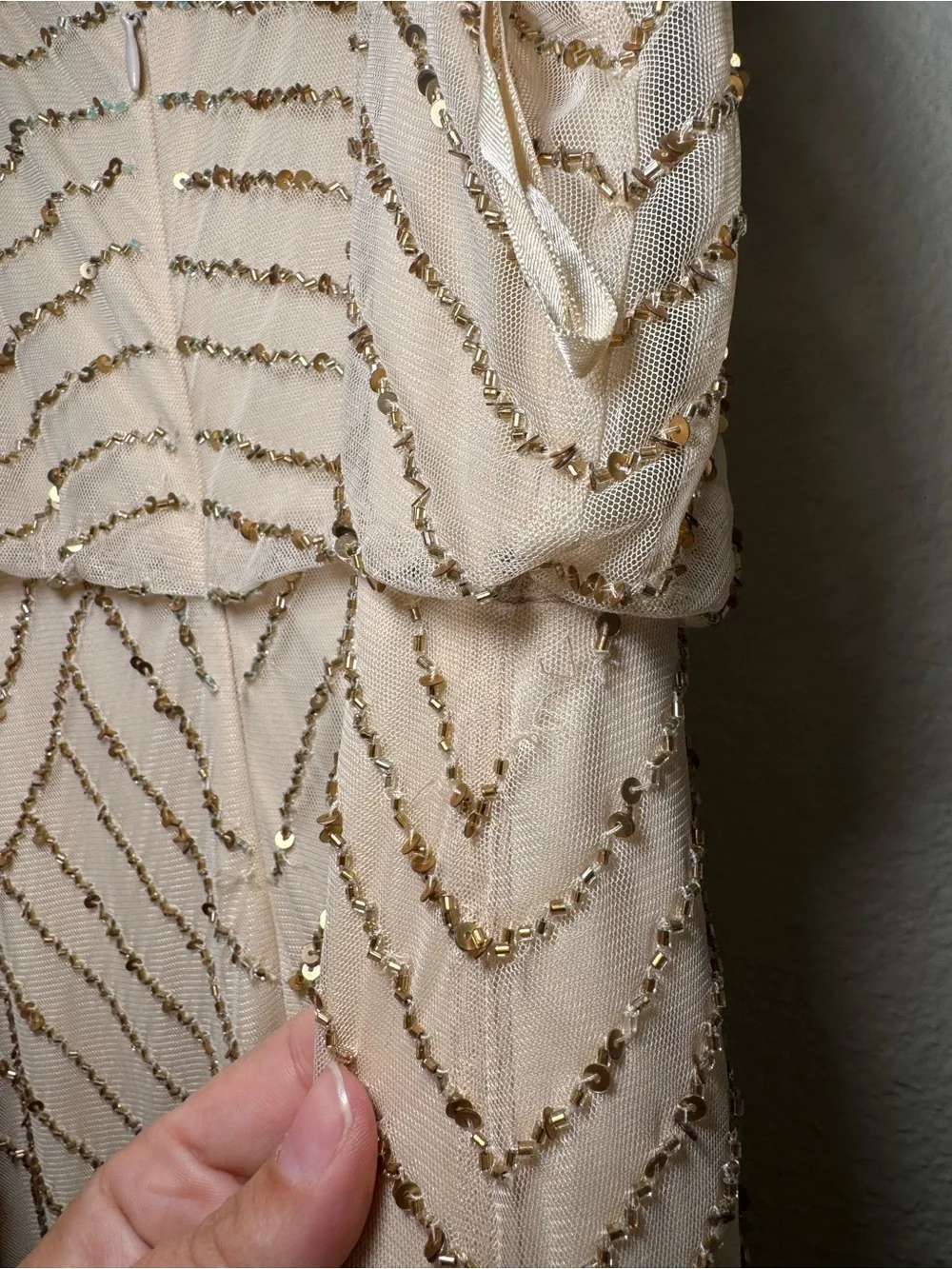 Adrianna Papell nude/ champagne Hand-Beaded maxi formal gown Damaged